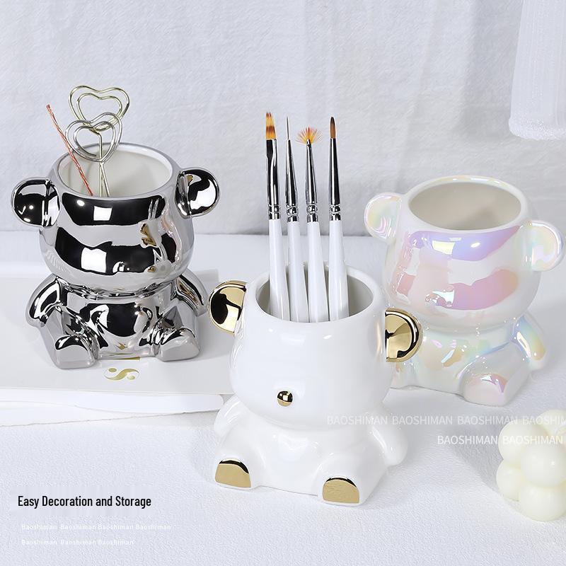 Trendy Bear Pen & Brush Holder with Sandpaper Storage for Manicure Tools – Desktop Organizer & Photo Prop