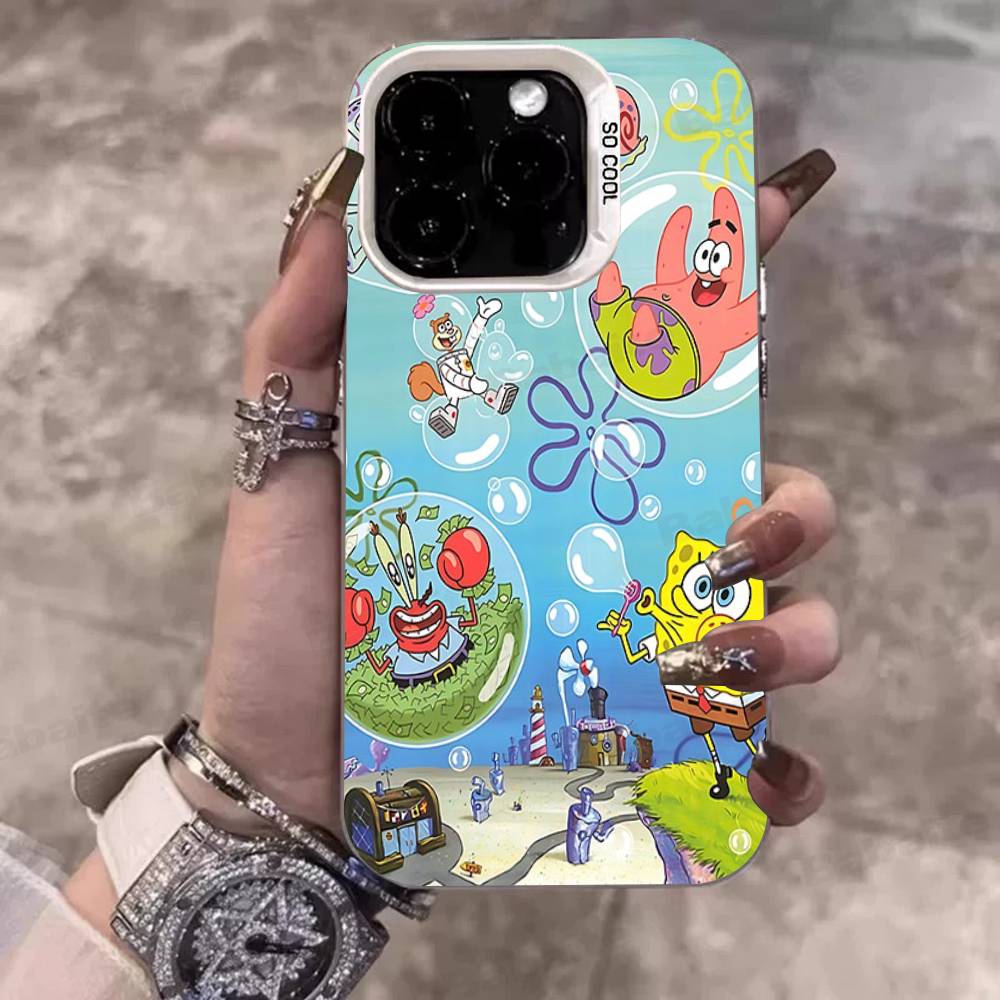 Cartoon Niedlich S-SpongeBob Anime Handyhülle Für IPhone 17 16 15 14 11 12 13 Pro Max Pro Plus Farbige Silberne Hülle