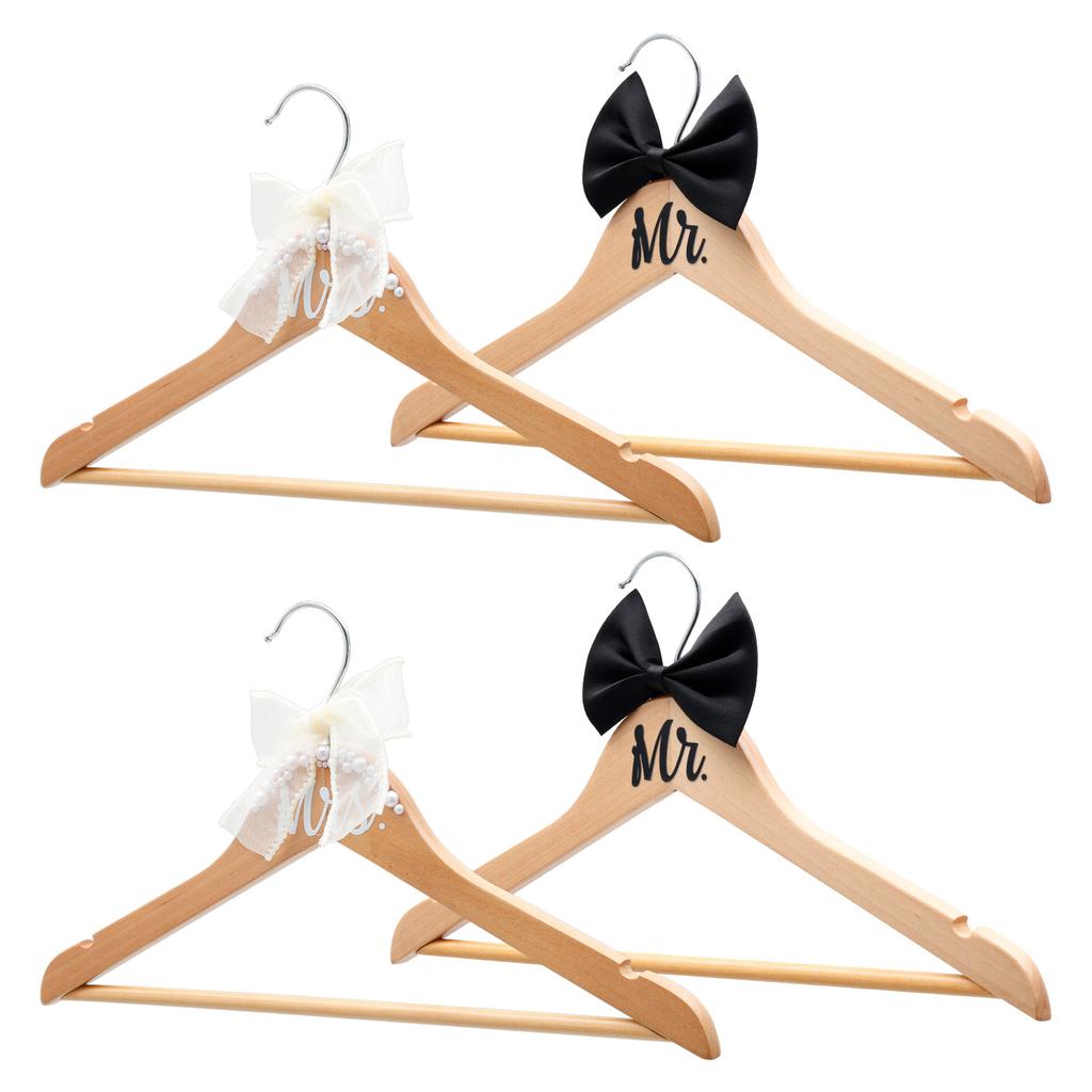 4Pcs clothes hangers Dress Hanger with Bow Pearl Bride Groom Gown Dress Tuxedo Suit  Anti Slip WoodenHanger Wedding Supplies