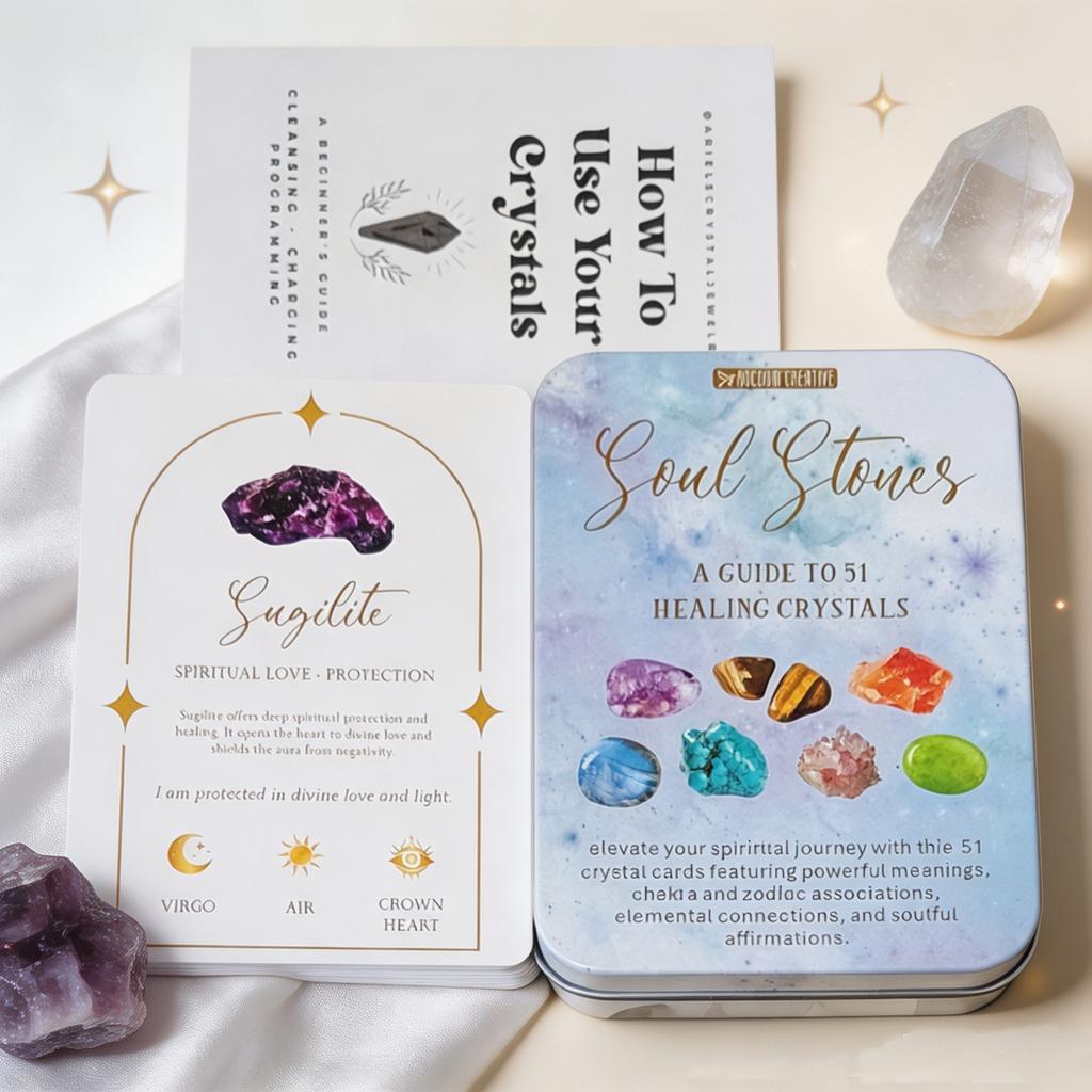 Soul Stones Crystal Oracle Deck, 11.5*8cm 51 Healing Affirmation Cards in Tin Box with Guidebook, Chakra Zodiac Element Cards