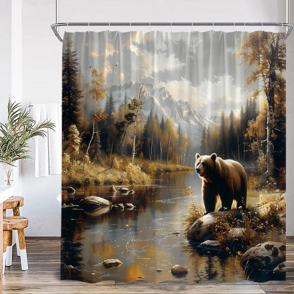 Brown Bear Animal Print Shower Curtain Forest Scenery Snow Mountain Stream Natural Landscape Polyester Bath Curtain With Hook