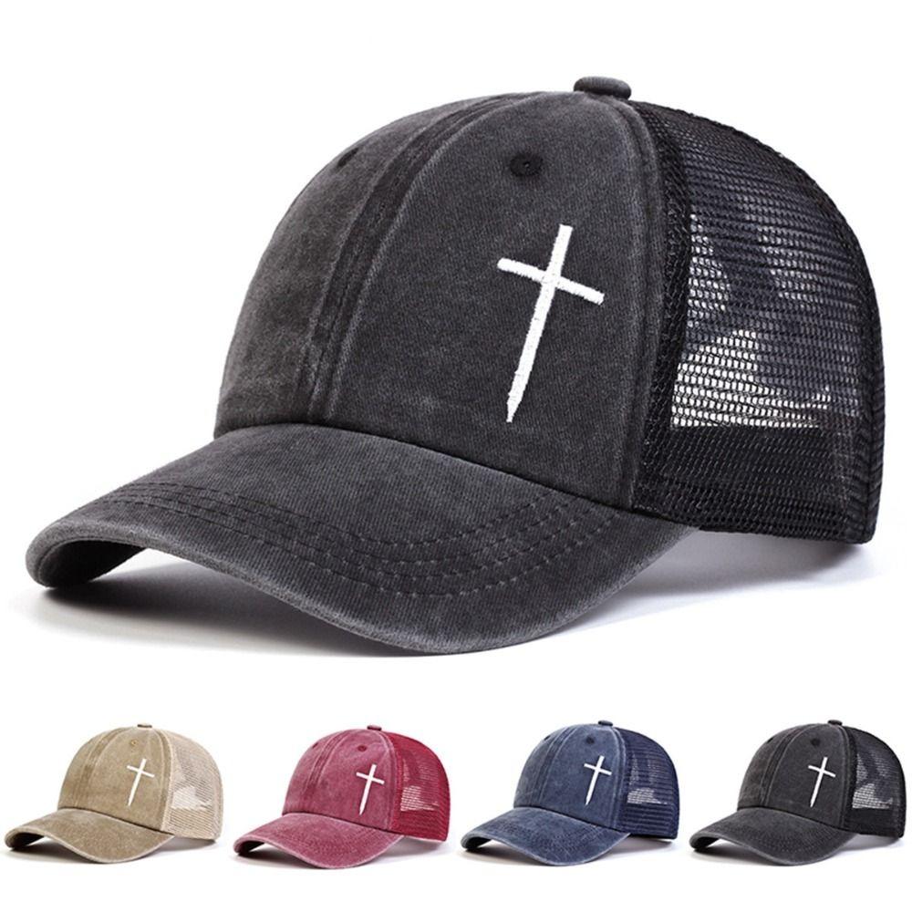 Breathable Cross Embroidery Hat with Mesh Peaked Cap Fashion Hip Hop Baseball Cap  Outdoor