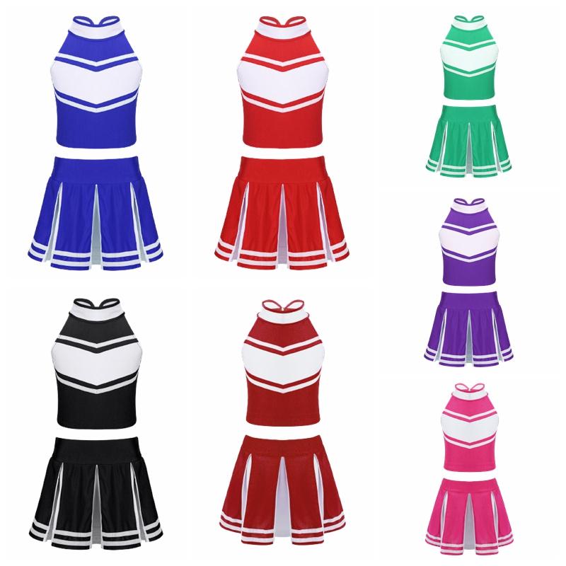 2Pcs Kids Girls School Uniform Cheerleading Dance Clothes Zippered Tops with Pleated Skirt Set