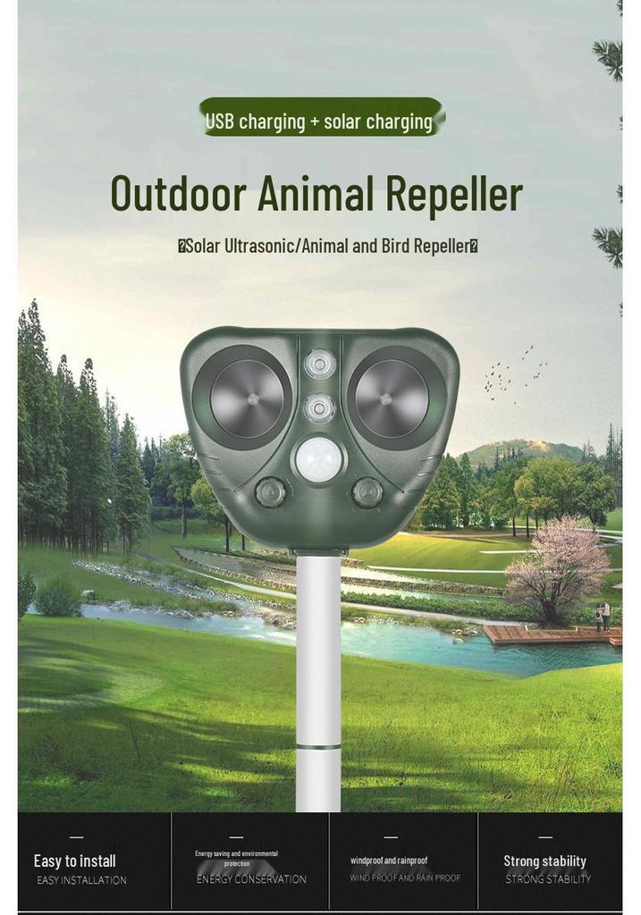 Solar Multi-functional Ultrasonic Pest Repeller for Dogs, Cats, Birds, and Insects with Strobe Light