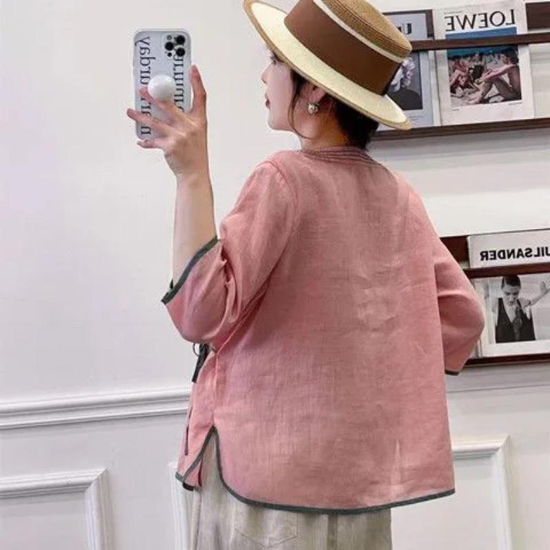 V Neck Chinese Style Embroidered Linen Short Sleeved T Shirt Women's Summer Tie Loose Tea Jacket
