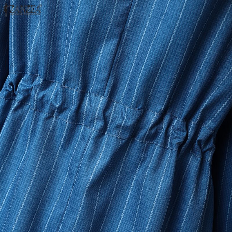 ZANZEA Women Casual V-Neck Loose 3/4 Sleeve Stripe Dress