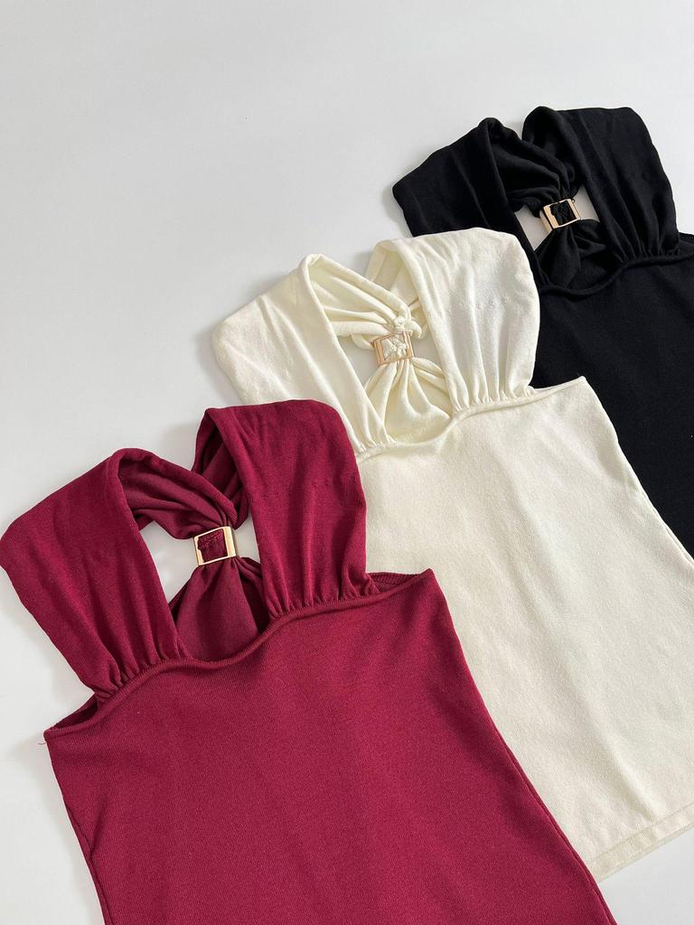 European & American Women's Fashion 2025: Versatile Gold-Tone Embellished Halter Neck Knitted Top