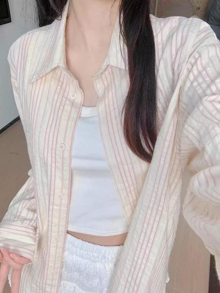 Women's Casual Striped Long-Sleeved Polo Collar Shirt – Versatile and Loose Fit Top for Everyday Wear