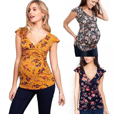 Aly Women Pregnant Nusring Maternity V-Neck Short Sleeve Printed Stripe Blouse Tops