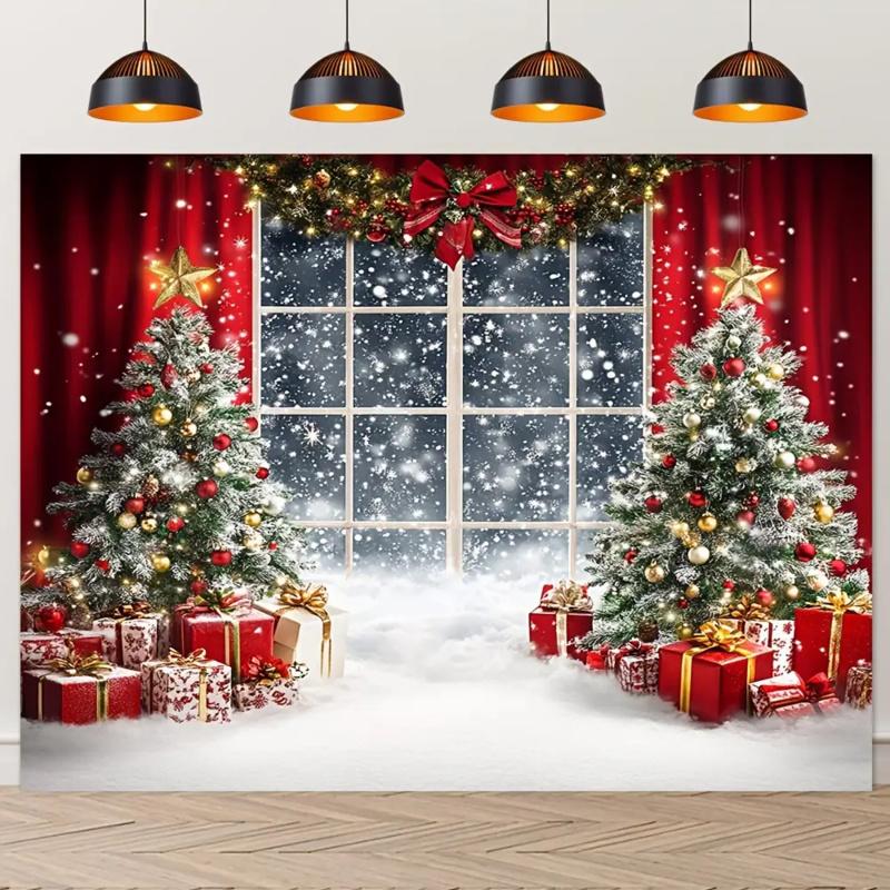 1pc 2D Flat Christmas Window Scene Backdrop, Christmas Party Background, No Power Required
