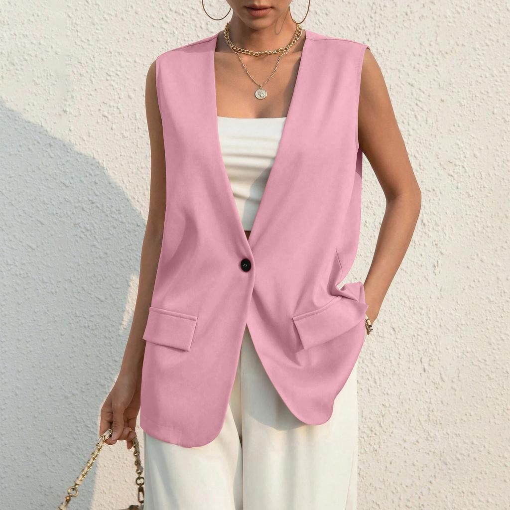 Ladies Summer Suit Jacket Work Casual Sleeveless V-Neck Single Button Color Suit Vest