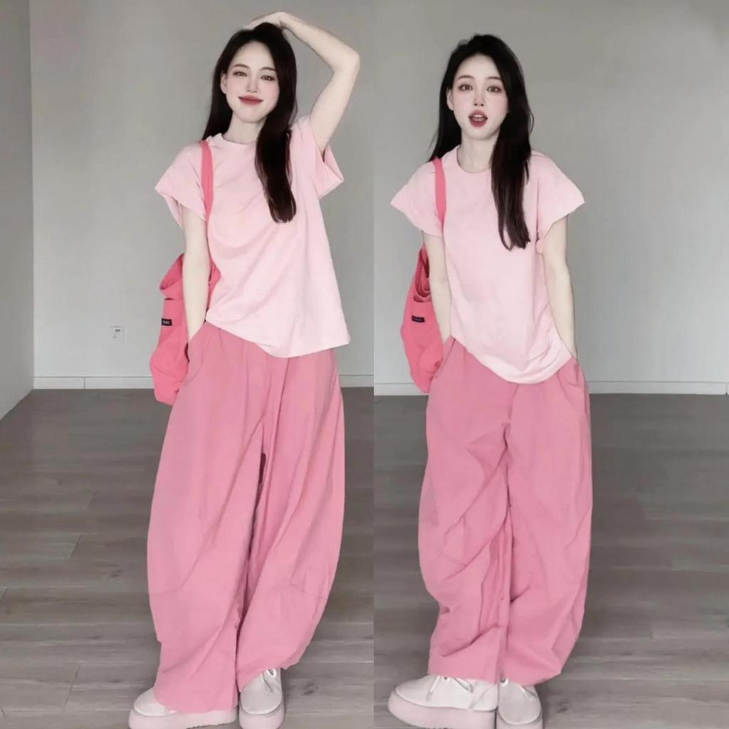 Pink Summer Dopamine Two-Piece Set: Stylish Short-Sleeve T-Shirt and Wide-Leg Pants for Petites