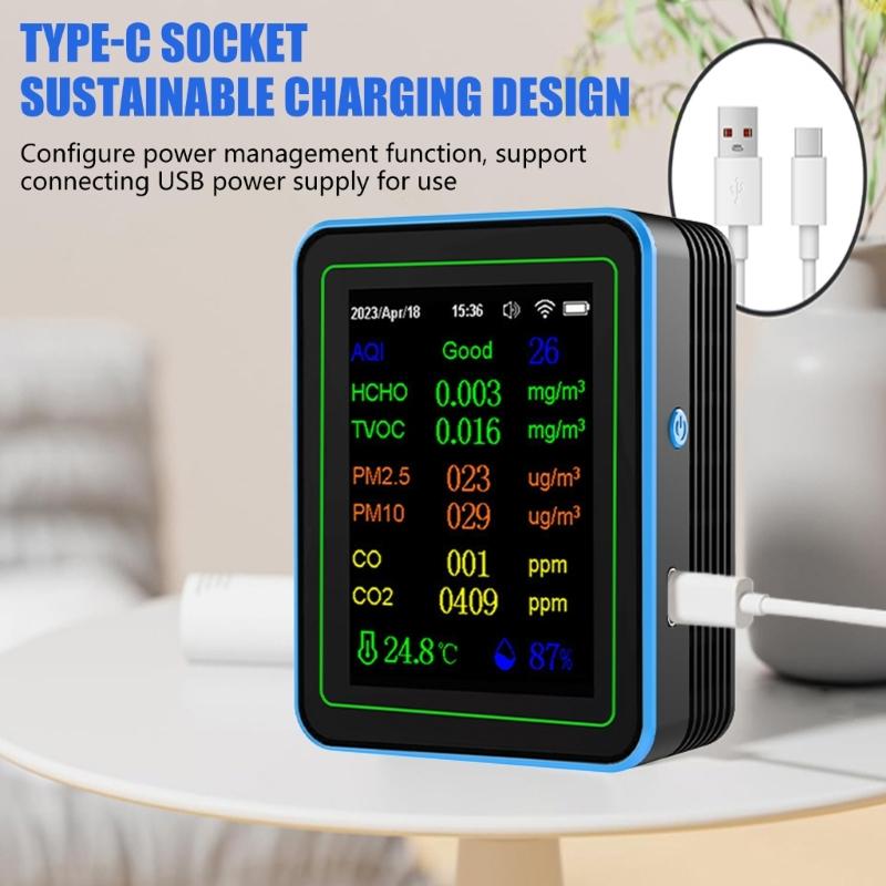 Air Quality Pollution Meter Tester with Time Display WiFi Air Quality Detectors Home HCHO TVOC CO CO2 Testing Meter