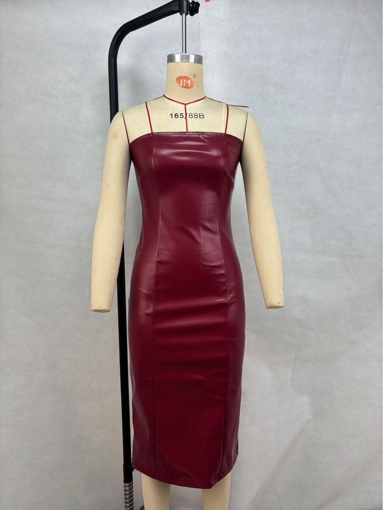 Evropské a americké dámské sexy šaty bez ramínek s rozparkem z PU kůže - Kolekce podzim/zima 2024