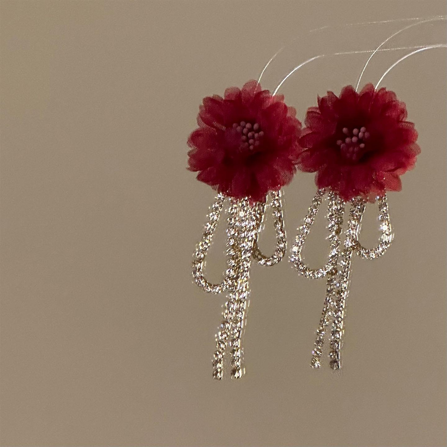Silver Needle Chiffon Floral Rhinestone Tassel Stud Earrings - Elegant High-End Fashion Design
