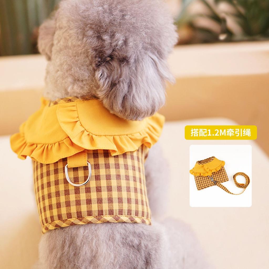 Dog Plaid Chest Strap Lapel Lace Vest Pet Traction Rope Dog Cat Chest Strap Small Dog Vest-style Pomeranian Teddy Dog Rope