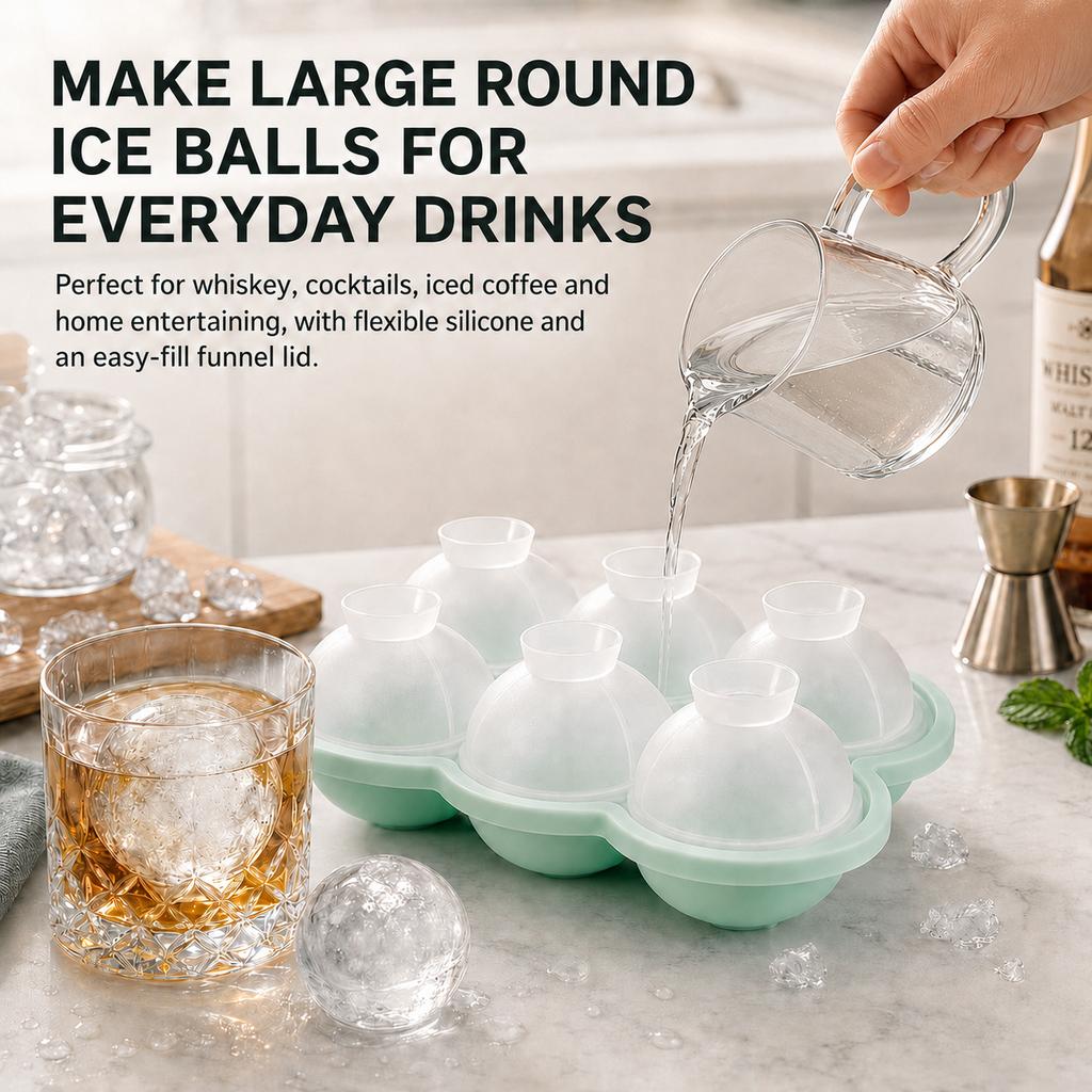 Large Round Ice Cube Maker 6 Hole Silicone Sphere Ice Tray With Attached Funnel Lid For Whiskey Bourbon Home Bar