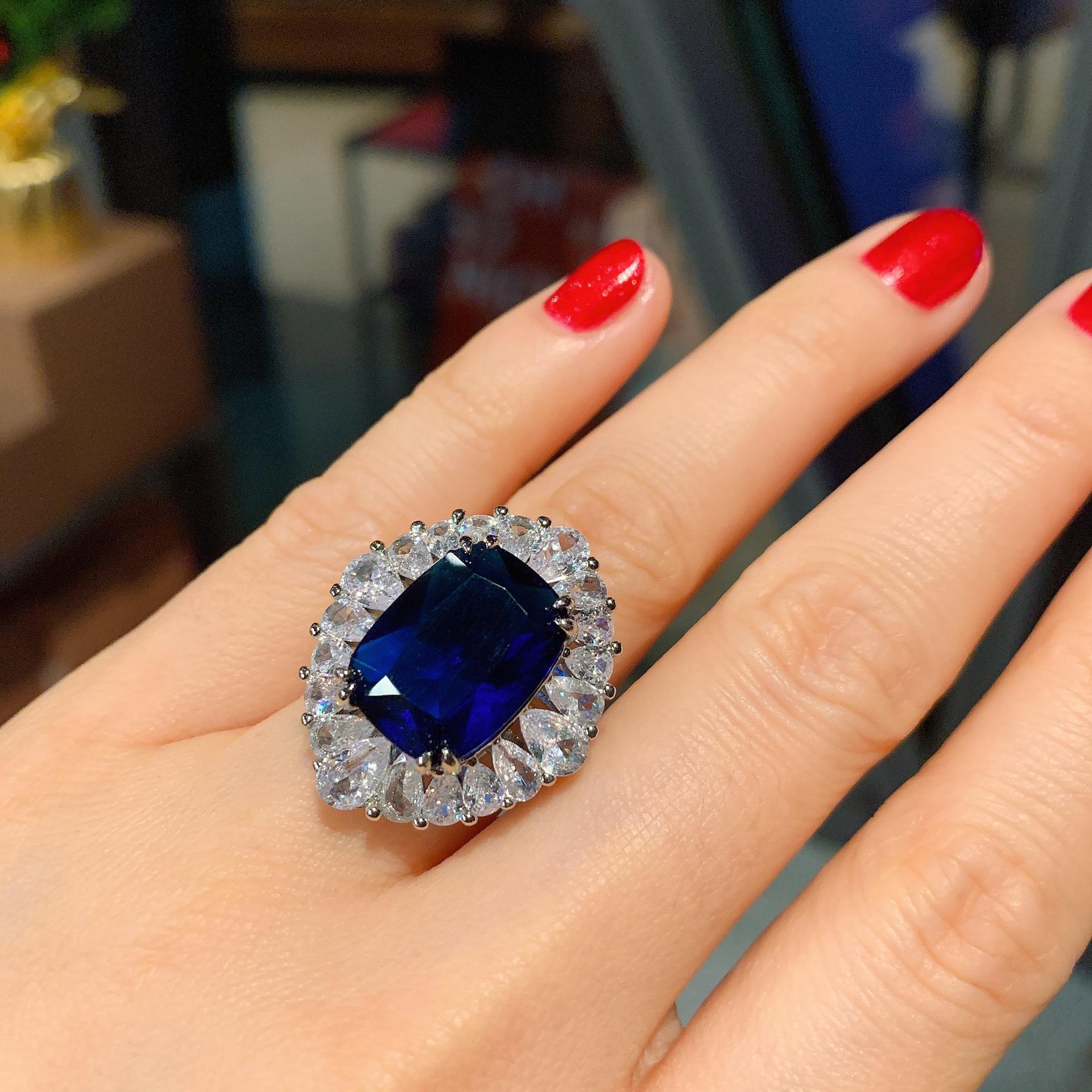 

European and American fashion popular simulation Tanzanian Sapphire diamond ring main stone 10 * 12