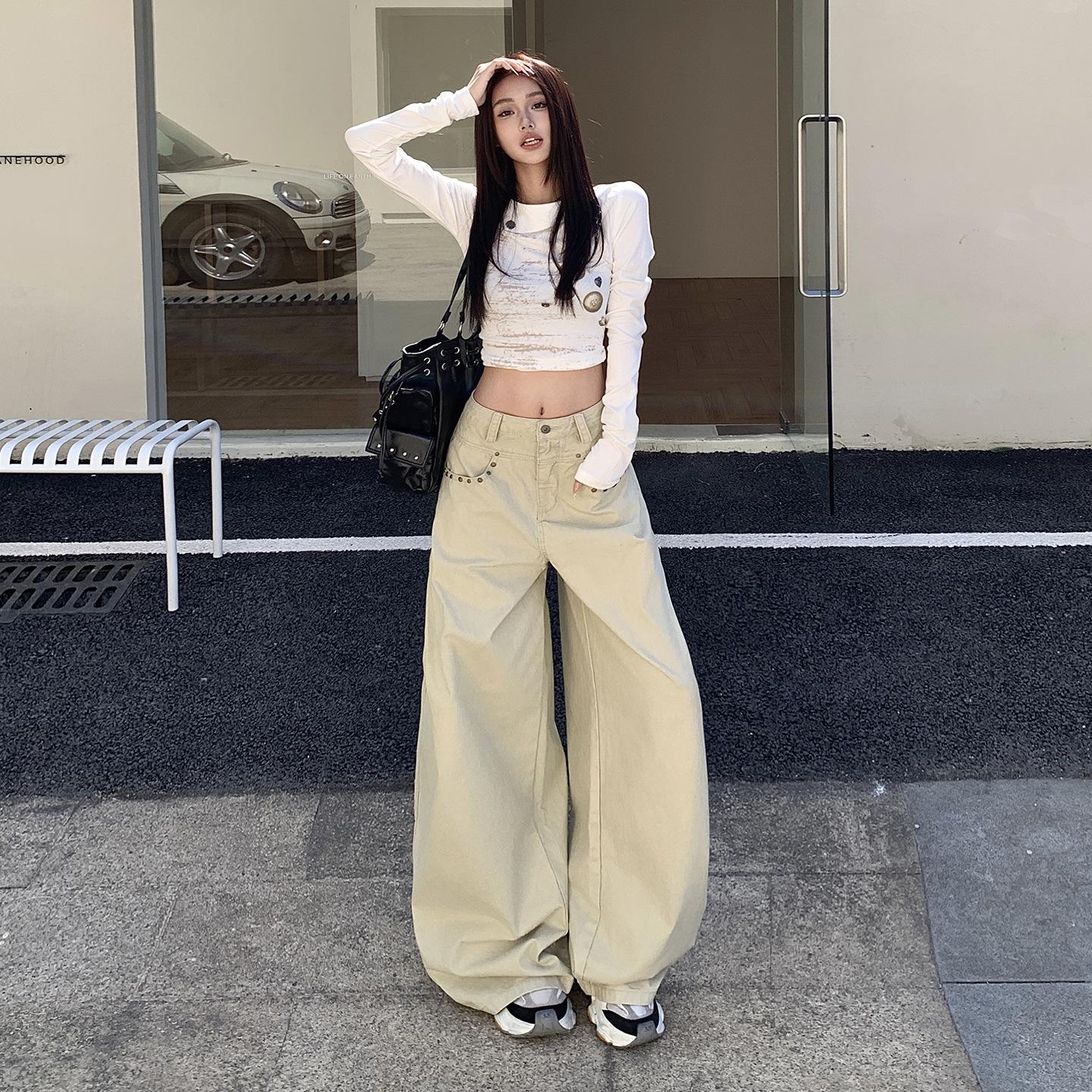 Women s Khaki High-Waisted Wide-Leg Jeans, Autumn/Winter 2025 - Floor-Length Slimming Casual Trousers. XL