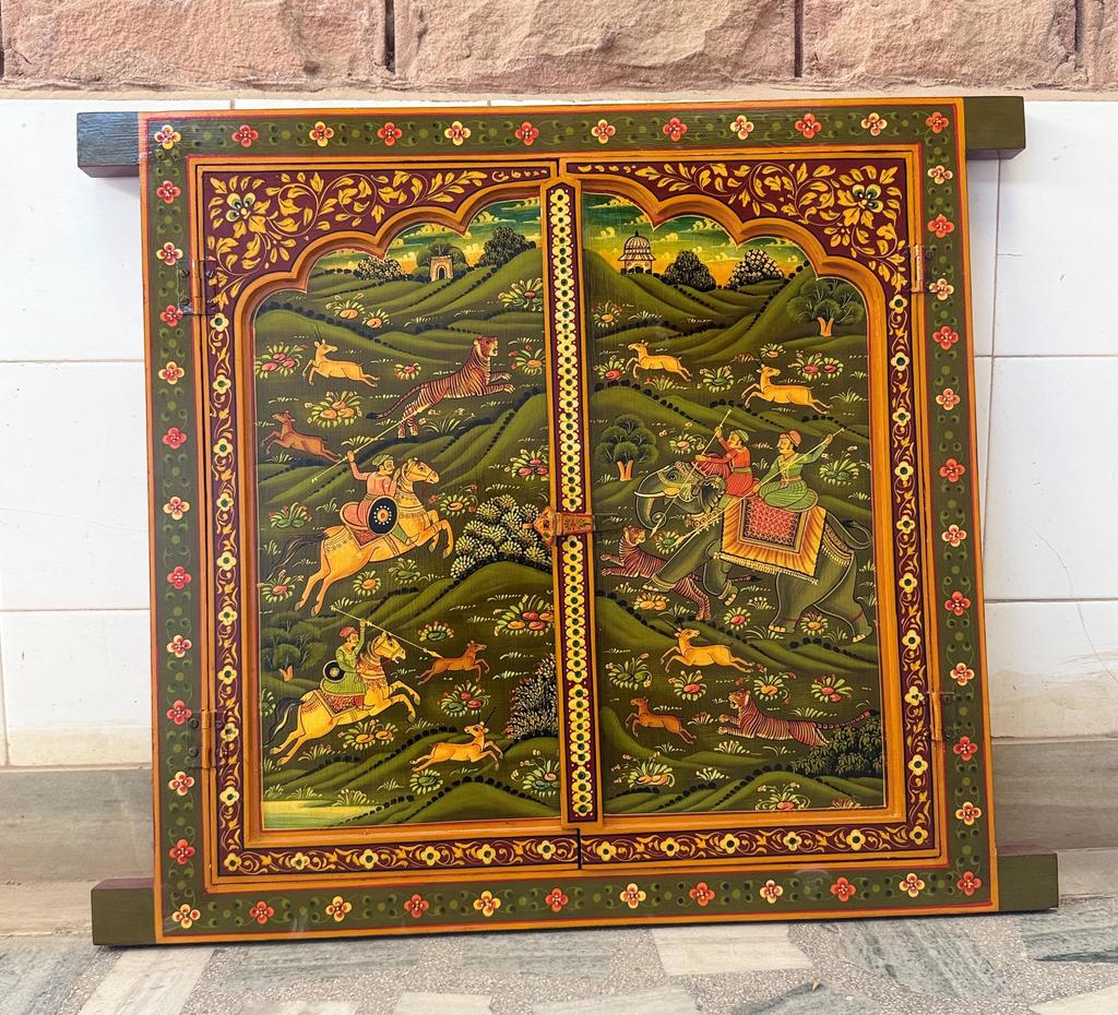 Handmade Wooden Jharokha Wall Hanging: Royal Hunting Scene, Festival Decor Frame