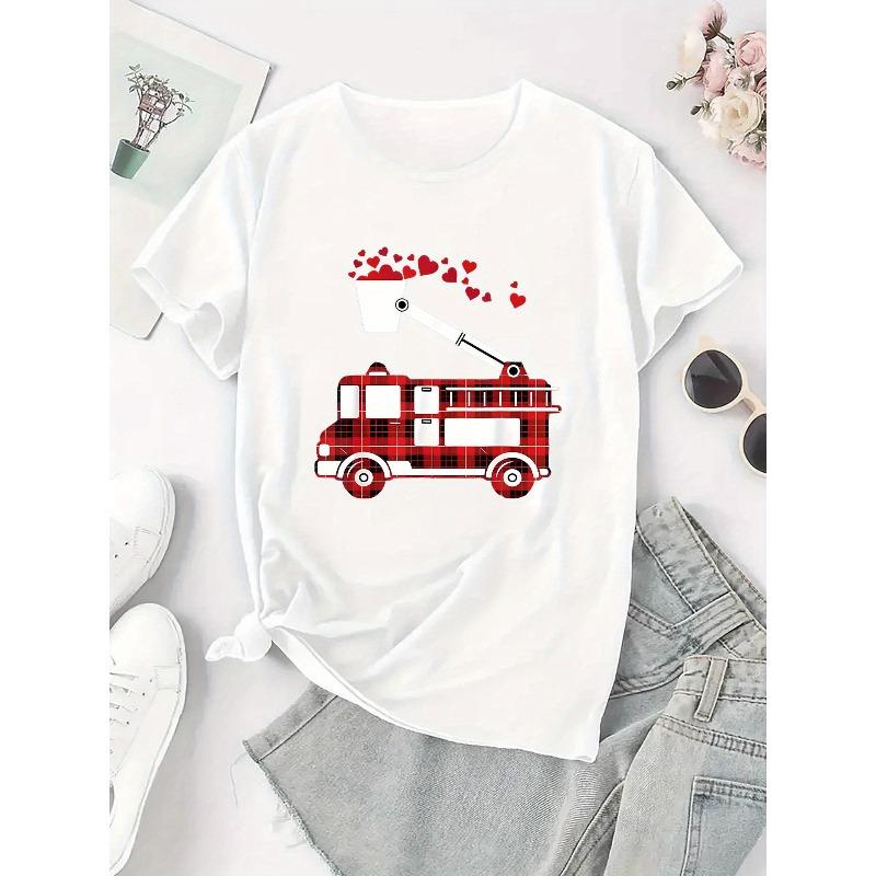 Women's Heart Fire Truck Print Short Sleeve T-Shirt Crew Neck Casual Summer Holiday Top