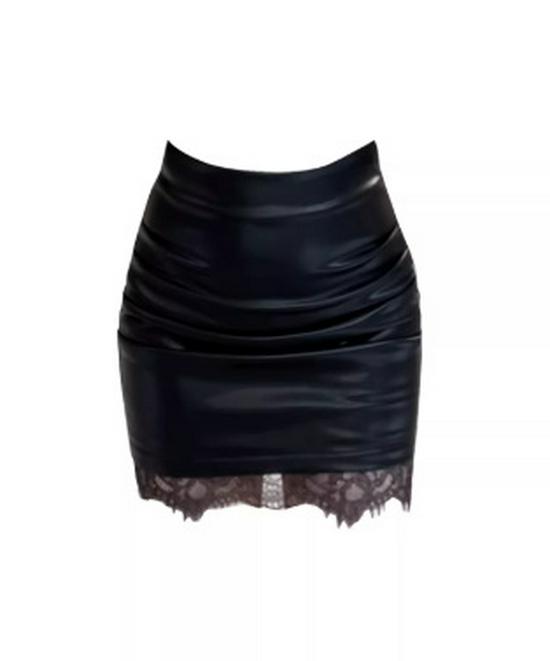 

Spicy Girl Lace-Trim PU Leather Midi Skirt: High-Waist, Ruched, Hip-Hugging, Perfect for Spring & Autumn. Medium чорний