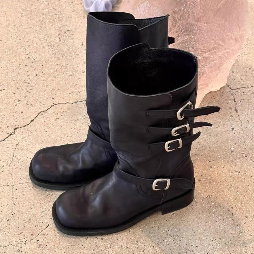 Cowhide Version~ Retro Belt Buckle Comfortable and Versatile Thick-soled Thin Brown Long Boots Big Tube Circumference Tall Knight Boots