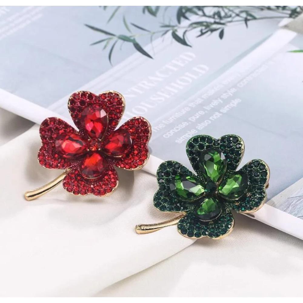Green Red Crystal Rhinestone Four-Leaf Clover Flower Brooches Lapel Pins Jewelry Clothing Accessories Brooch for Women