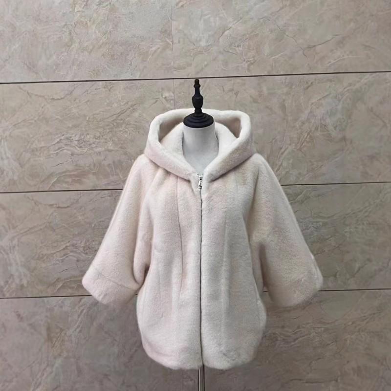 Womens Short Faux Fur Hooded Coat Solid Color Winter Batwing Sleeve V-Neck Pocket Outerwear