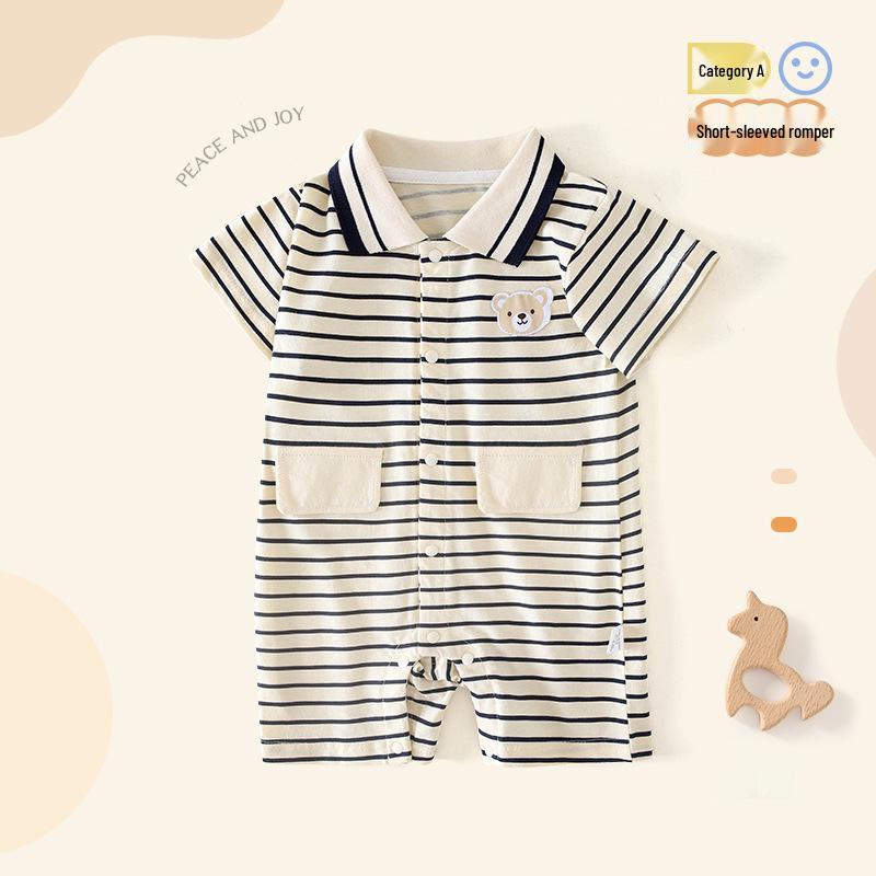 British Style Summer Baby Romper: 100% Cotton, Striped, Breathable, Skin-Friendly, for Infants 3-24 Months 80 cm
