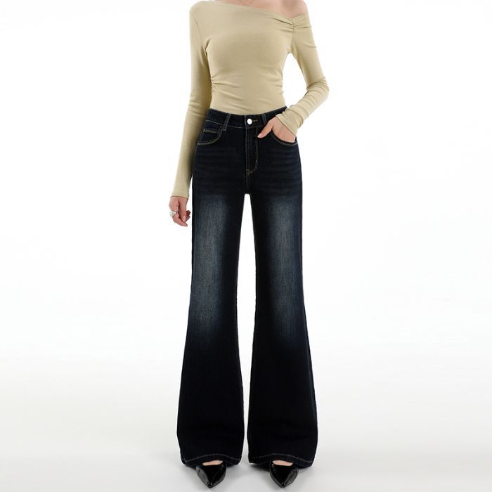 Retro non-stick leg slightly pulled jeans women's autumn and winter new high-waisted elastic loose and thin flared pants
