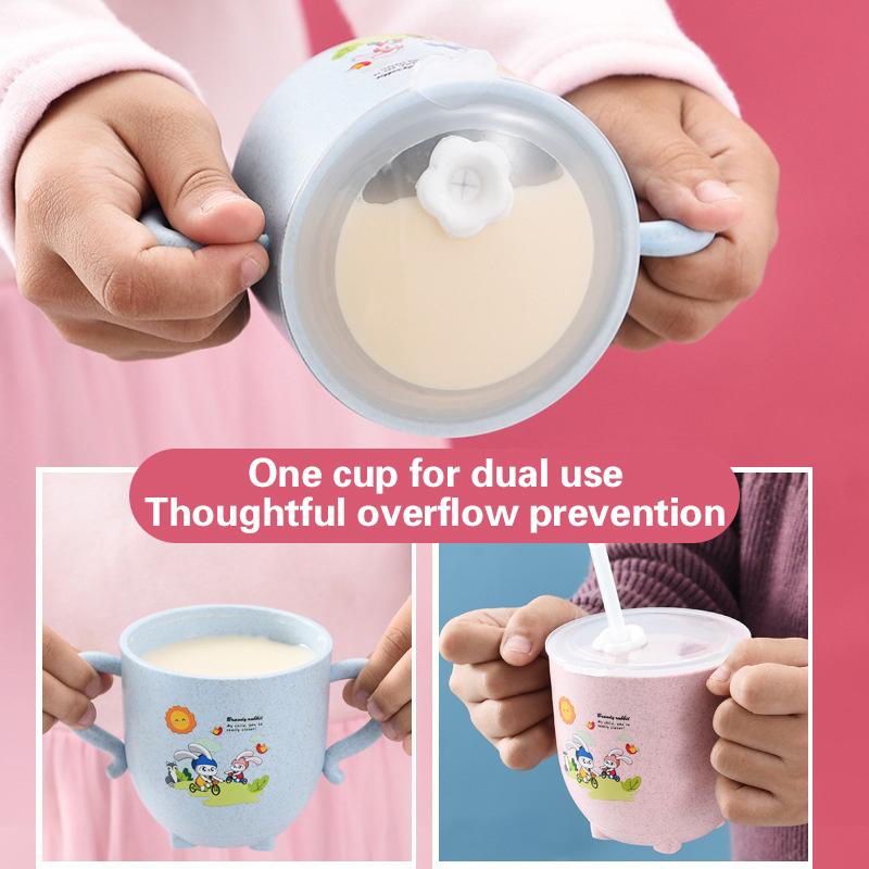 Dětské hrnečky na pití Ekologická pšeničná sláma Roztomilý dětský krmicí hrneček s dvojitým uchem víčkem a brčkem Tréninkový hrneček pro kojence
