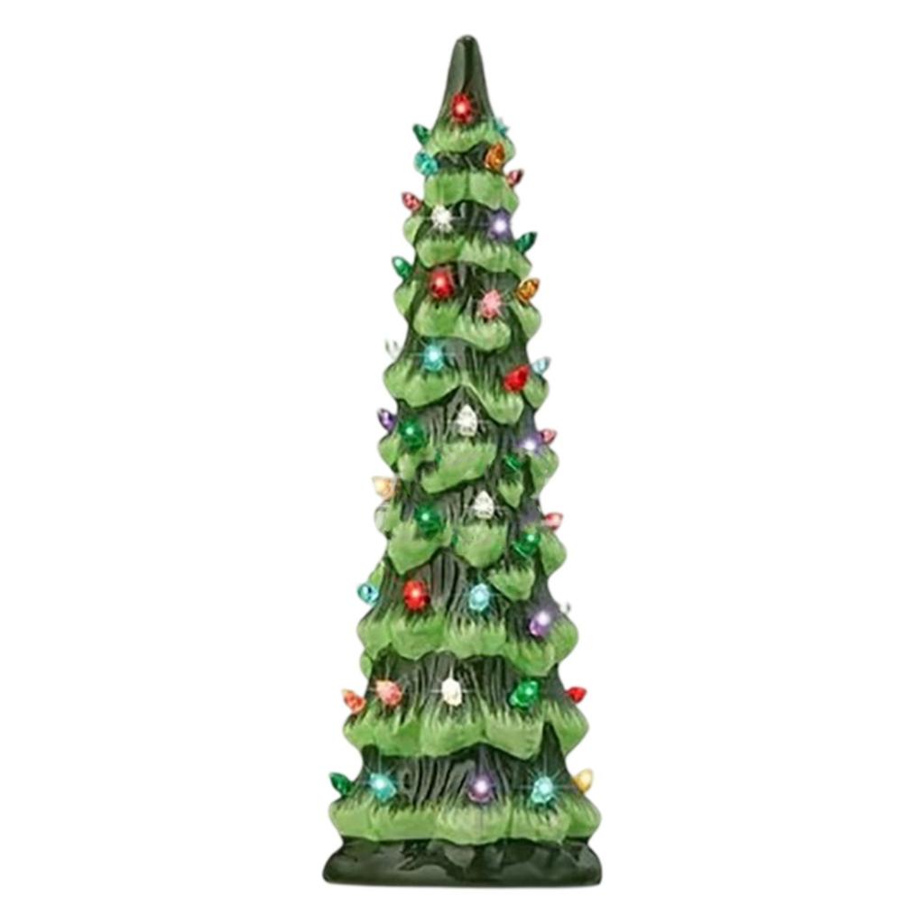 Glowing Christmas Tree Sculpture Resin Holiday Tree Desk Ornament with LED Light For Tabletop Mantels Holiday Decoration
