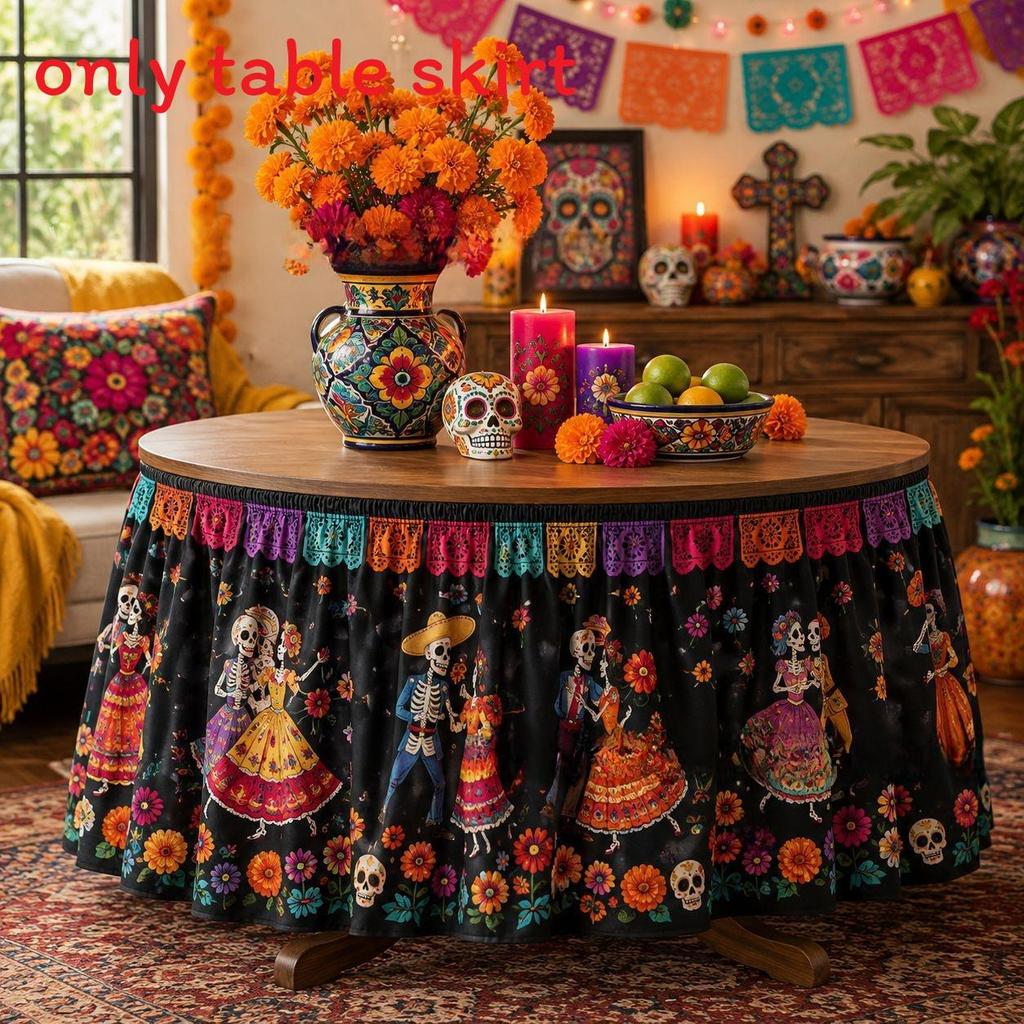 Dia De Los Muertos Table Skirt Mexican Skull Pattern Polyester Party Decor For Events