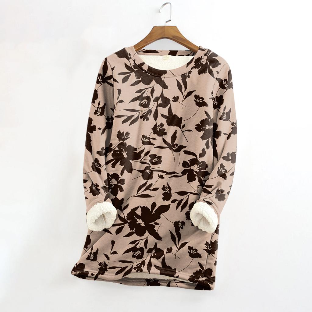 Dámský top s kulatým výstřihem s potiskem, zahuštěný plyšový kašmírový hřejivý dlouhý top