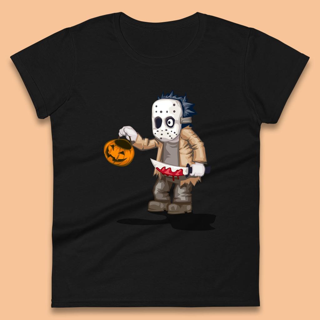 Chibi Jason Voorhees Holding Bloody Knife And Pumpkin Bucket Halloween Friday The 13th Horror Movie Womens Tee T Shirt Mens Tops Unisex Top