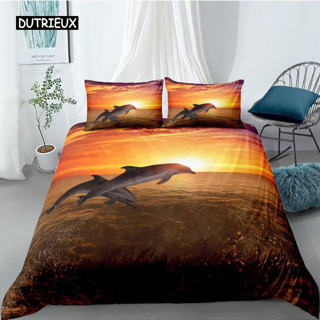 Ocean Duvet Cover Set Queen Double Size Polyester Ocean Animals Fishes Tortoise and Rainbow Color Coral Printed Comforter Cover