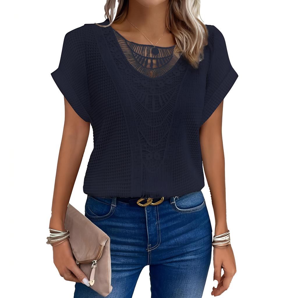 Summer Women's T-Shirt Lace Patchwork Short Sleeve Top