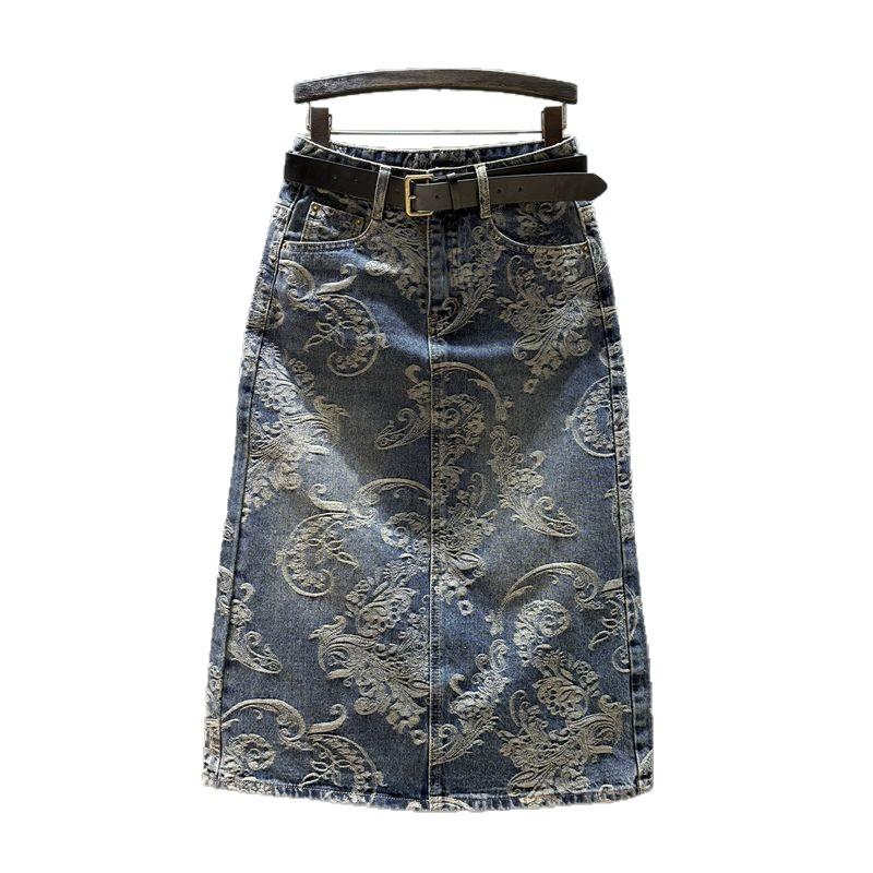 Women's Retro High Waist Jacquard Denim Midi Skirt, 2025 Autumn Collection - Loose, Straight, Hip-Hugging Design