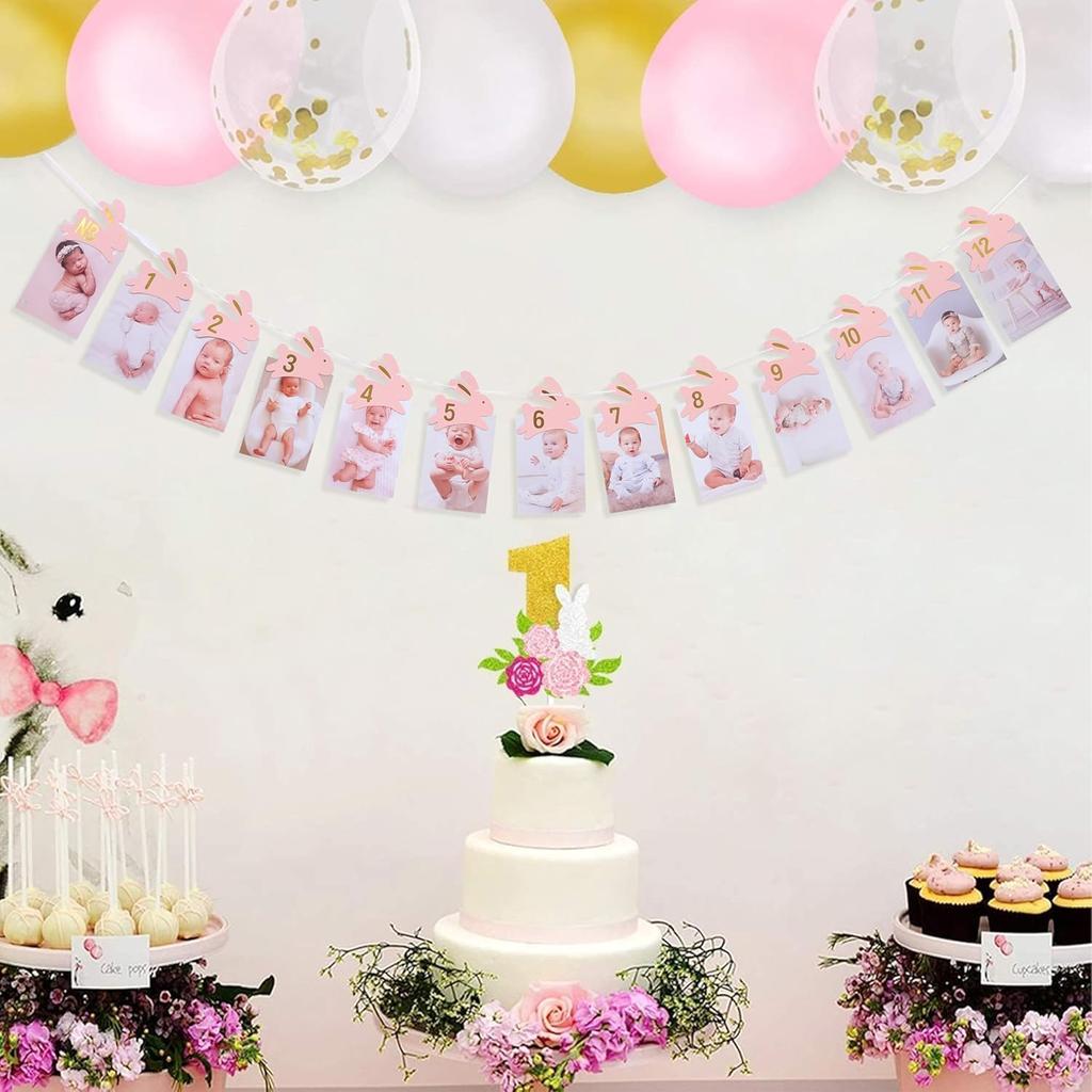 Bunny 1st Birthday Monthly Milestone Photo Banner - Some Bunny Is One Newbron To 12 Months Photo Banner for Grils, Easter 1st Birthday Decorations,