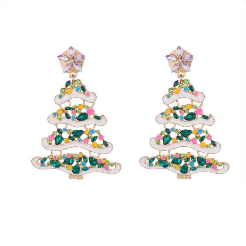Colorful Rhinestone Drop Ear Drop Dangle Crystal Xmas Studs Christmas Tree Earrings  Fashion Women
