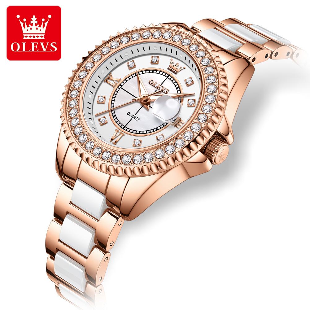 OLEVS 3685 New Quartz Watch for Women Luminous Waterproof Calendar Diamond Bezel Original Fashion Dress Ladies Wristwatch