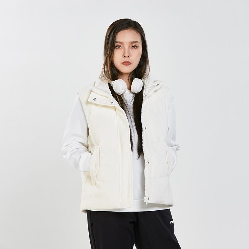 Li Ning Sports Trend Series Fashion Casual Stand Collar Solid Color Loose Vest Women Vests Off-White AMRU034-1