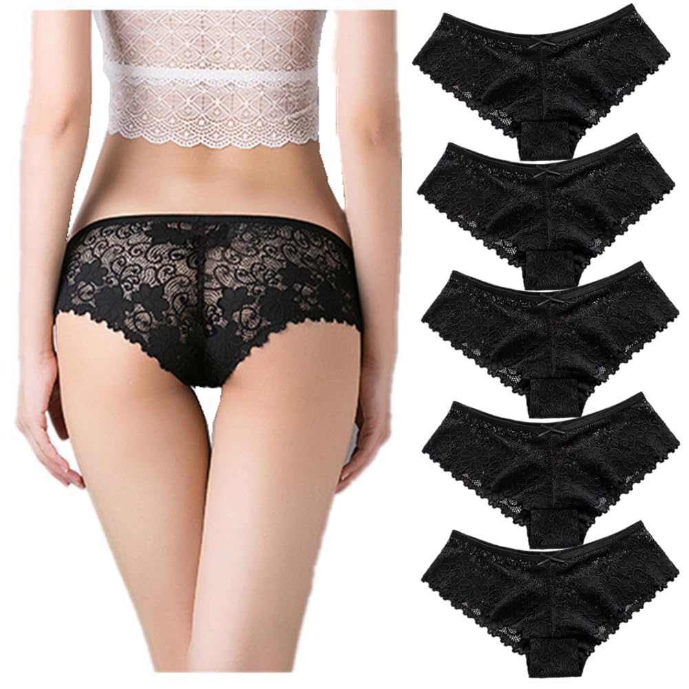 HINICE Regular Sexy Bikini Set 5 Women's All-Lace T-Back Panties, Size, Low-Rise, Half-Back, Underwear, Panties, 5-6-Piece (Black, Panties, Medium)