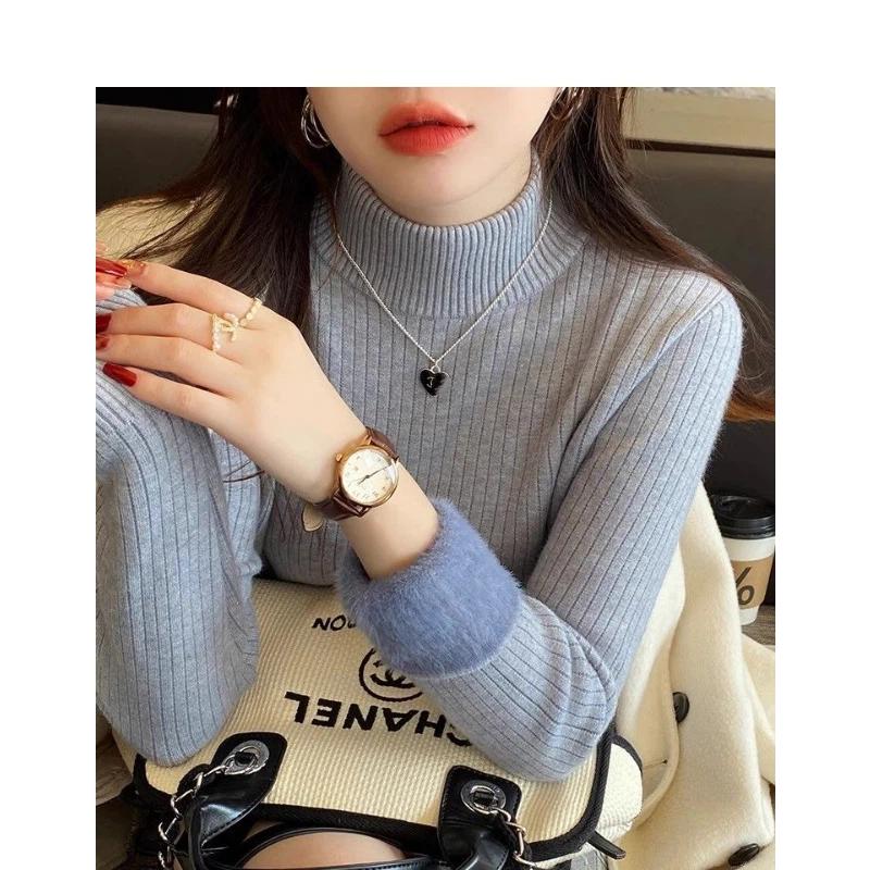 

Women s Half-high Neck Plus Fluff Sweater Winter Thickened Inner Knitted Base Shirt Solid Versatile Warm Top S серый