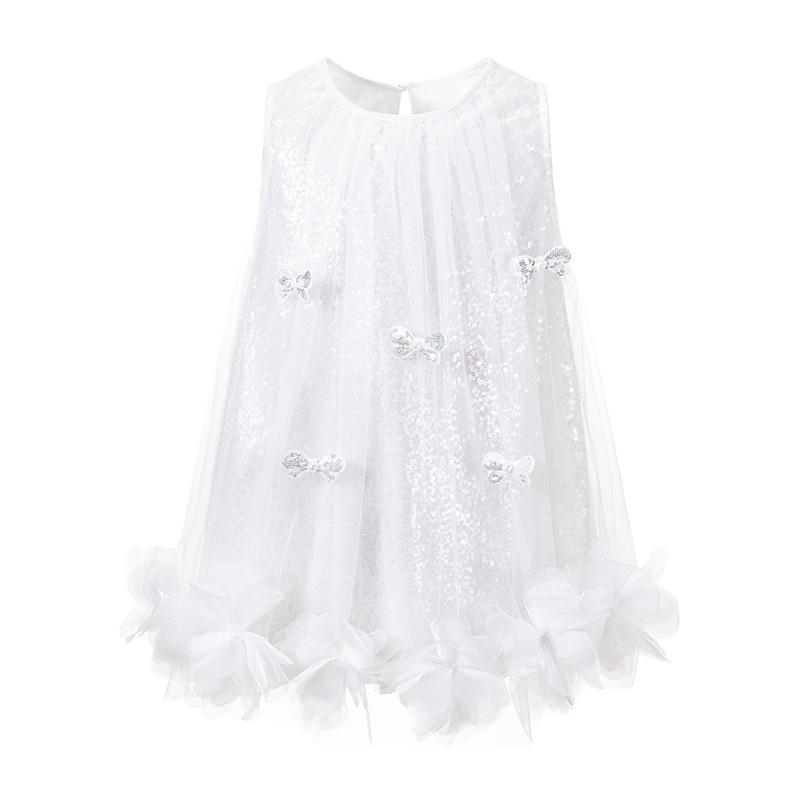 Snuffy Girls  Elegant Princess Sleeveless Mesh Dress with White Bow - Summer 2026 Edition 110cm (recommended height 105-115cm) жемчужина белый