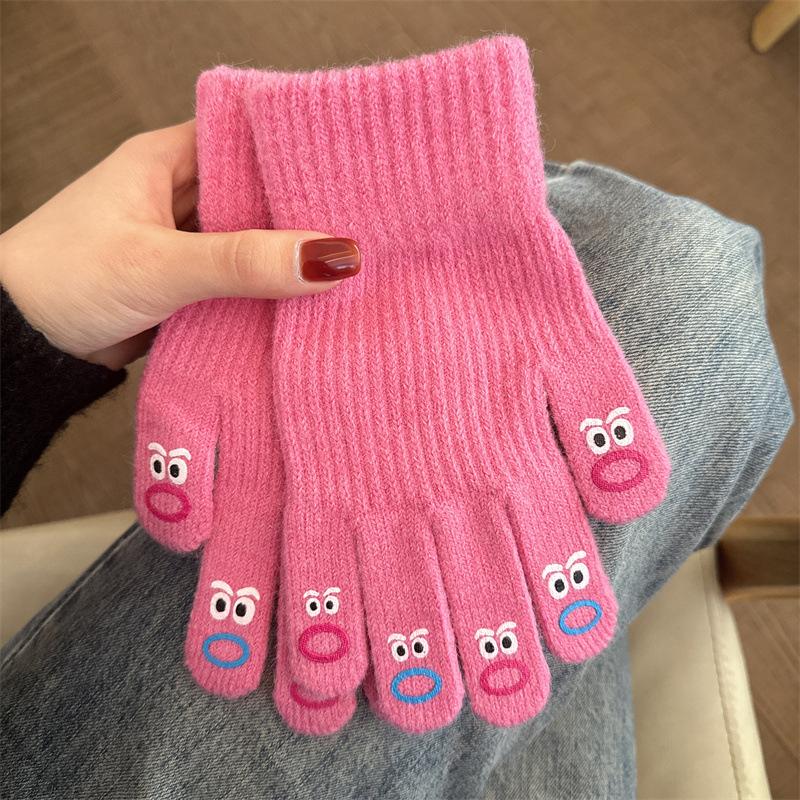 1 Pair Women'S Funny Facial Expression Knitted Gloves Full Finger Gloves Soft Crochet Mittens Cartoon Expression Driving Glove