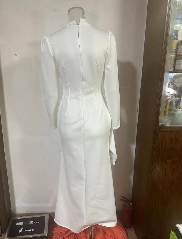 2024 Весна Європейська та Американська Однотонна Приталена Сукня з Рюшами та Довгим Рукавом з Високою Талією