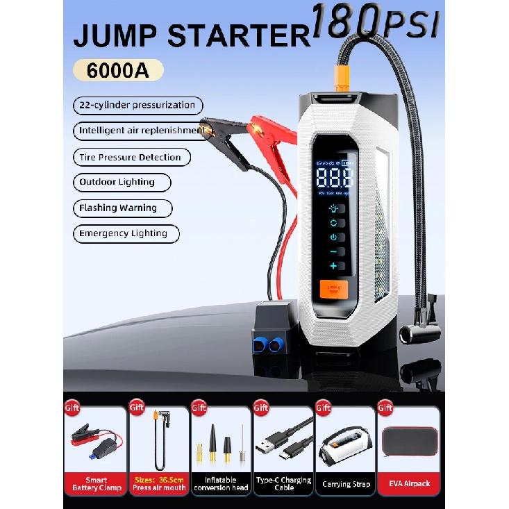 6000A 180psi 5 In1 Car Emergency Battery Pack Light 12v Booster Starting Device Capacitor Compressor Jump Starter With Air Pump