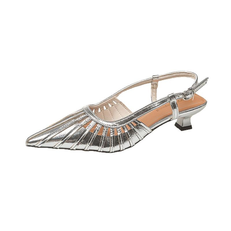 Baotou Sandals Thick Heel Low Heel Hollow Pointed Head Temperament Fashionable Versatile Niche Design Sense with Skirt Sandals
